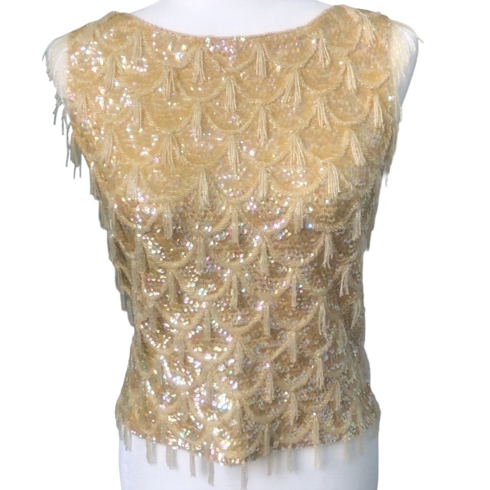 Jo-Ro Imports Vintage 1950s to 1960s Beaded Champagne Zip Back Top Size Small